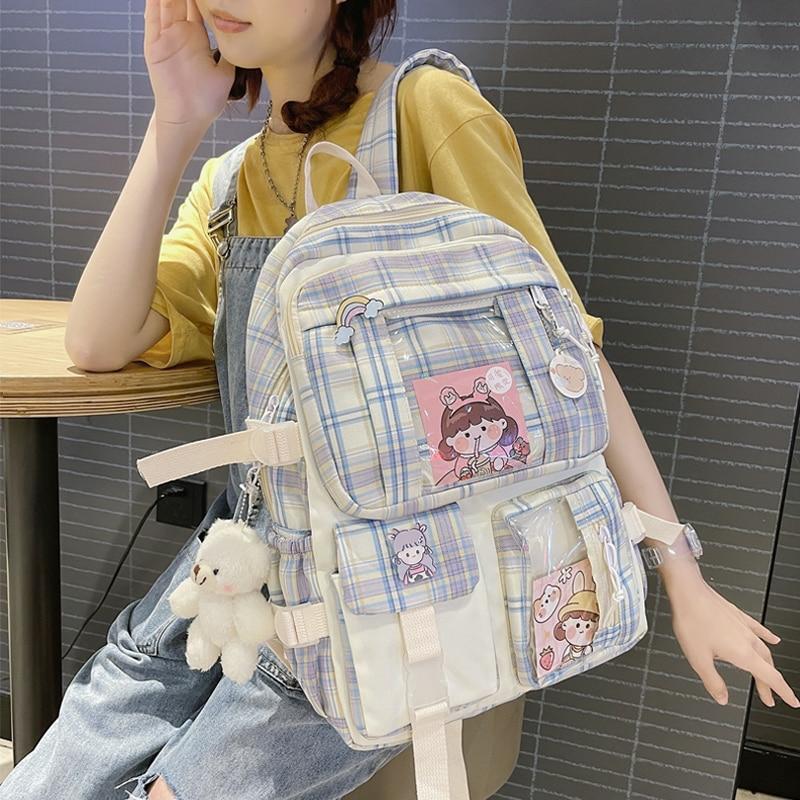 Kawaii College Style Canvas Grid Backpack – Limited Edition  |  Bags