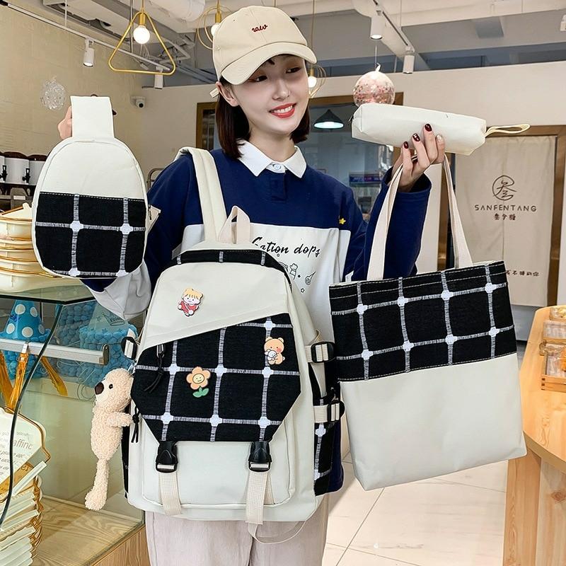 Kawaii Korea Style Harajuku Plaid Grid Backpack Set  |  Bags