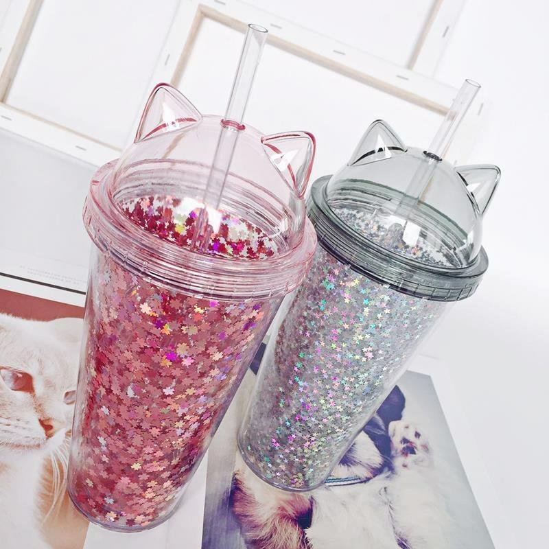 Kawaii Sequined Double Wall Cat Ears Bottle  |  Bottles