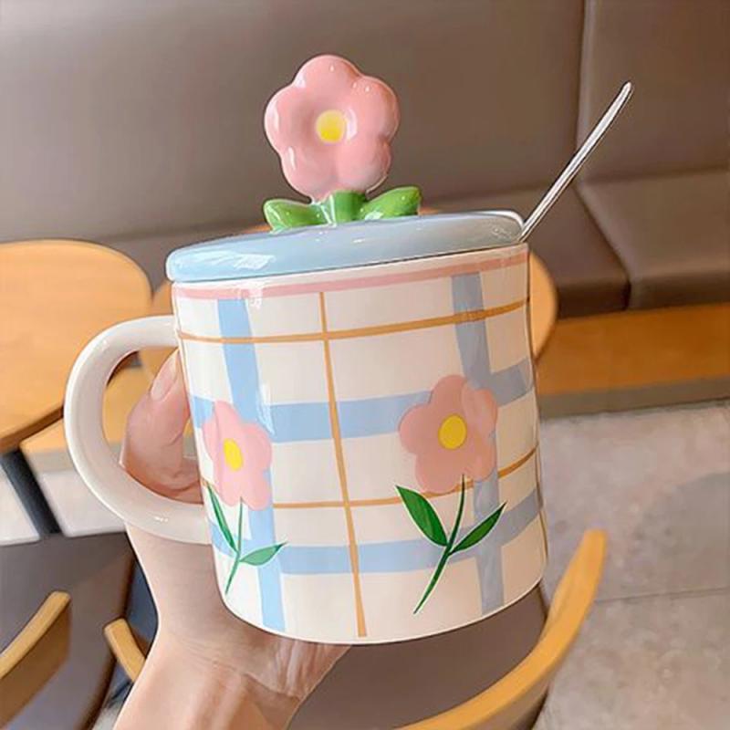 Kawaii Therapy Flower Pastel Grid Ceramic Cup (350Ml)  |  Bottles